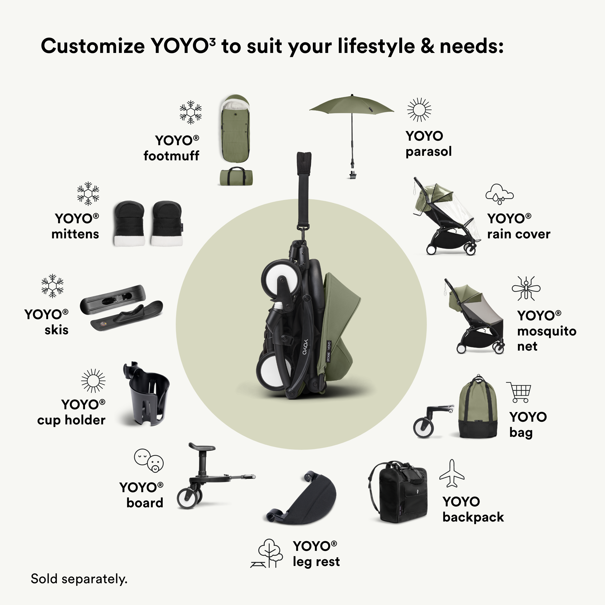 مقعد عربة ستوكي يويو للأطفال من عمر 6 أشهر باللون الزيتي