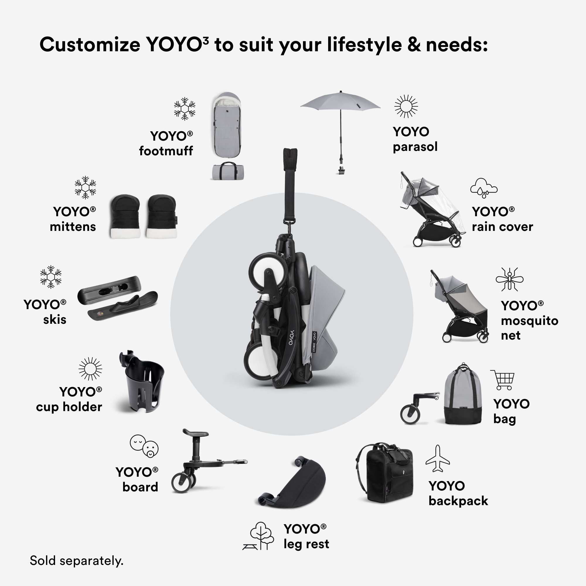 مقعد عربة ستوكي يويو للأطفال من عمر 6 أشهر باللون الرمادي