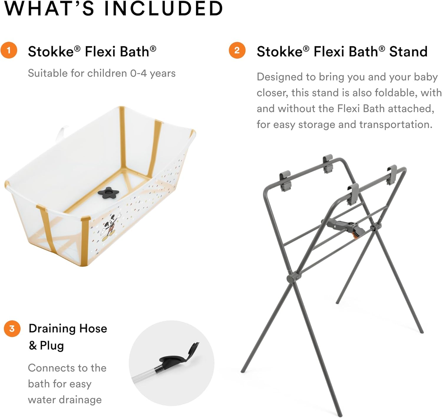 Stokke Flexi Bath Mickey + Foldable Stand Bundle White Grey