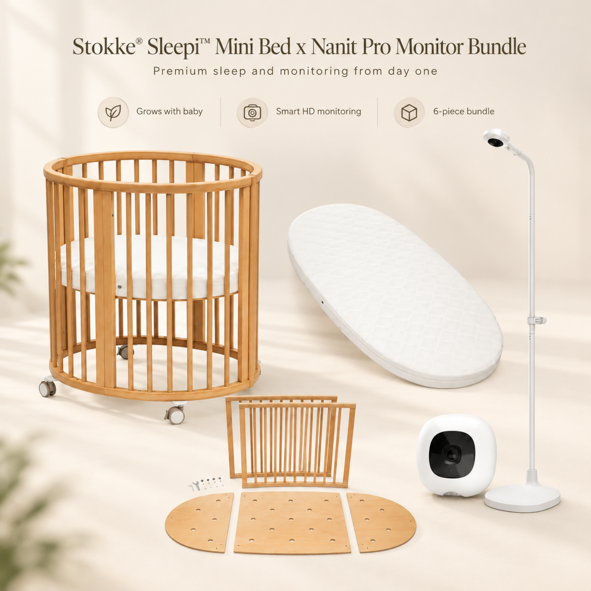 Stokke® Sleepi™ Mini Bed x Nanit Pro Baby Monitor Bundle – 6 Pcs